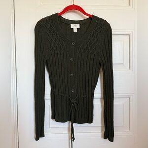 LOFT Women's knit tie-belt button cardigan sweater in olive green